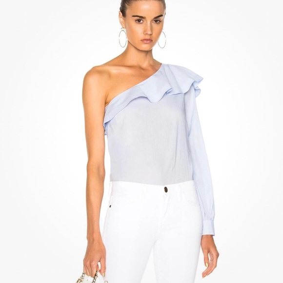A.L.C BRIELLE Blue Poplin One Long Sleeve Ruffle Cotton Top MSRP $285 S 10 NWT - Picture 1 of 7